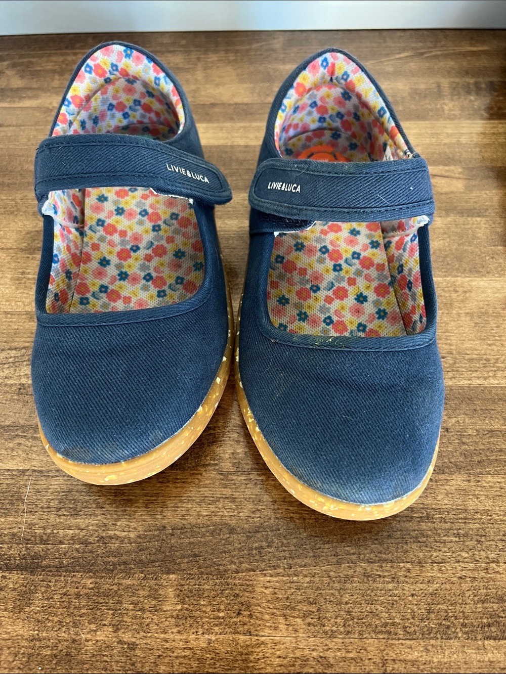 Livie & Luca Navy Canvas Mary Jane Shoes with Floral Insole